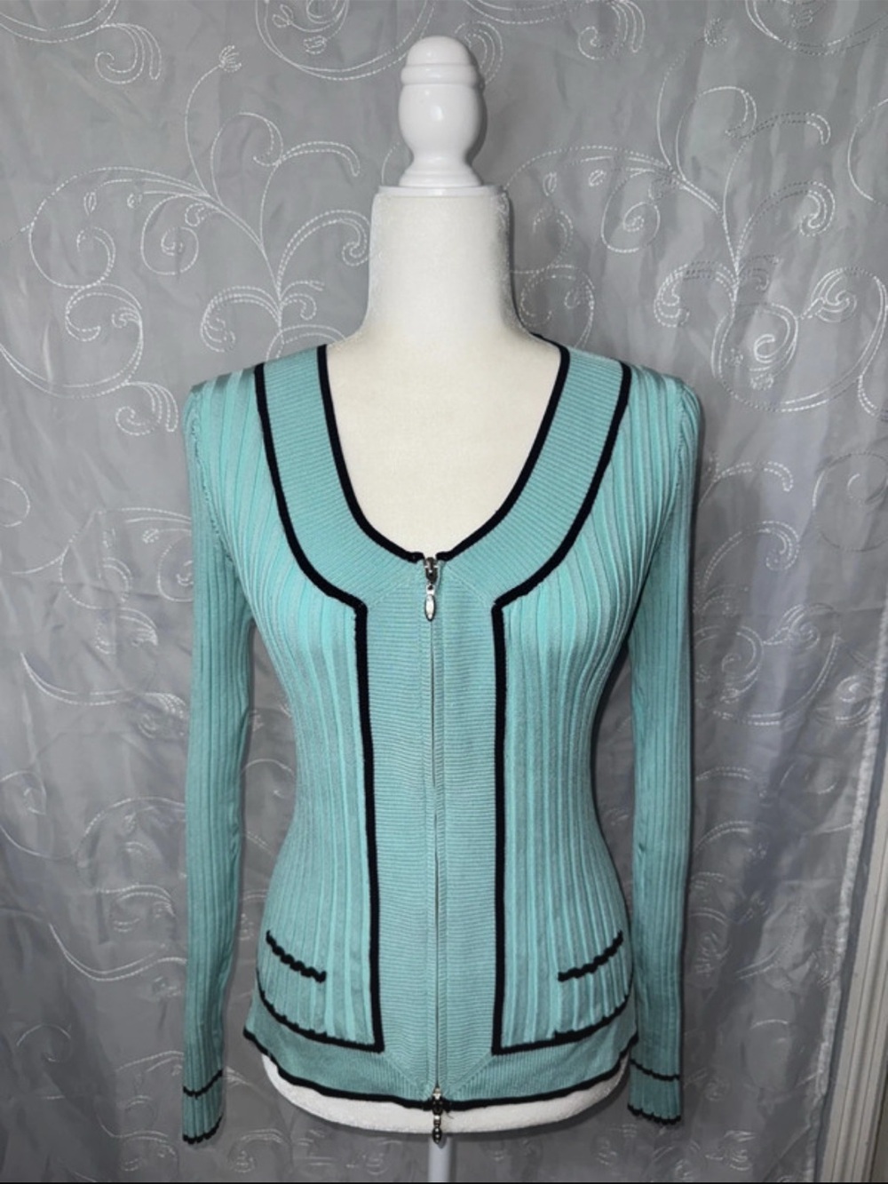 Vintage Cache Y2K Ribbed Zip Up Sweater Light Teal Blue Black Trim